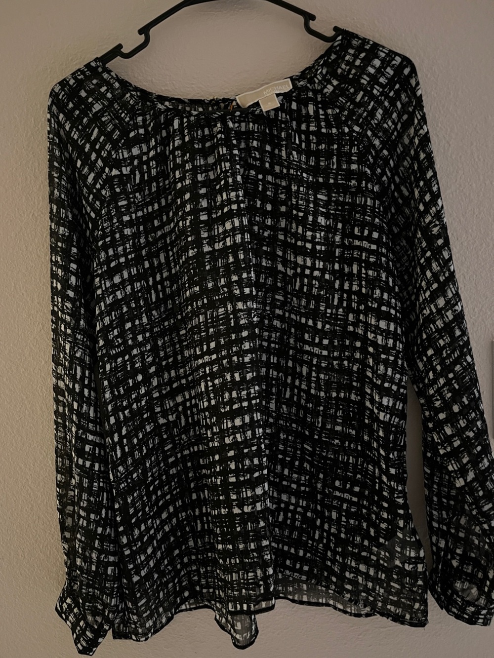 Michael Kors Black and White Grid-Print Long-Sleeve Blouse